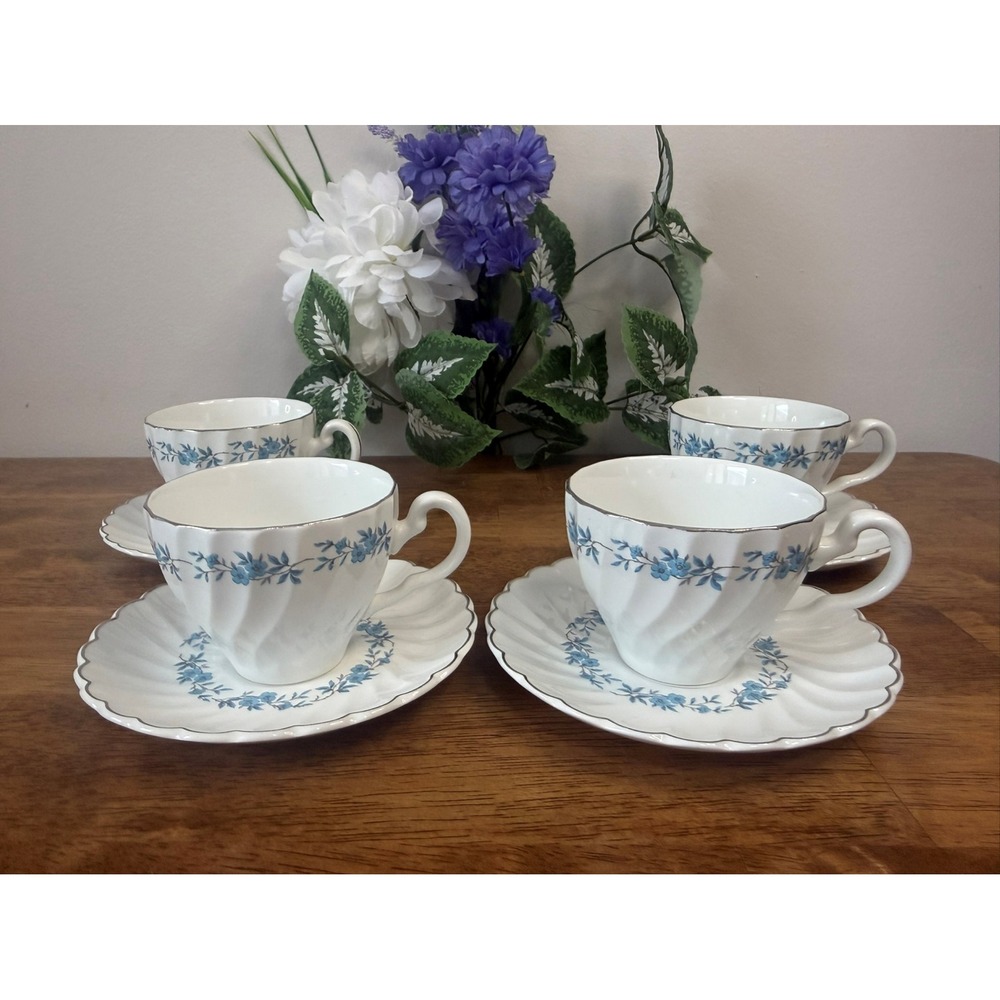 Vintage Johnson Brothers Snowhite Regency Teacup & Saucer Duos Set of Four